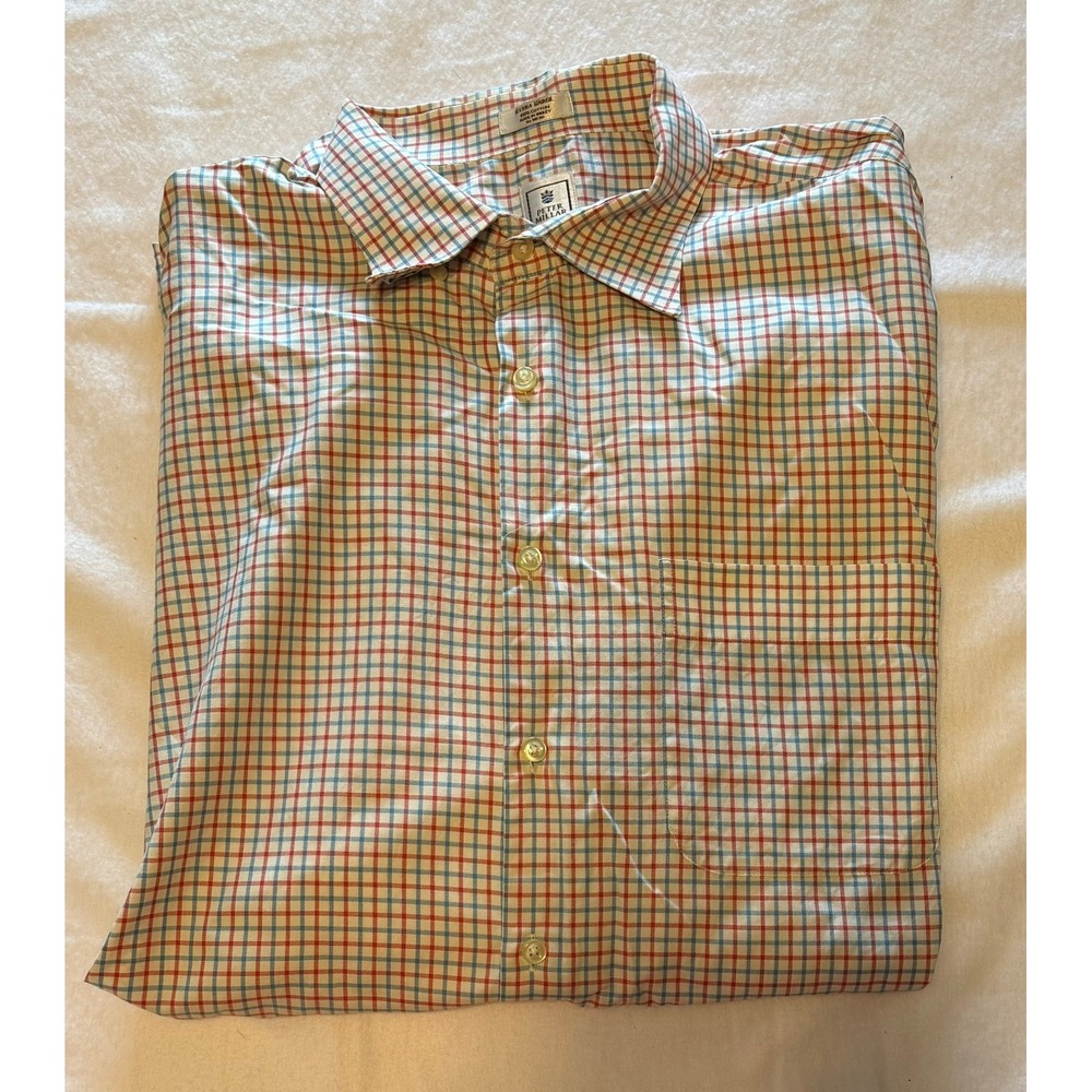 Peter Millar Mens XL Button Down Shirt Cotton‎ Tattersall Check Blue Red Tan